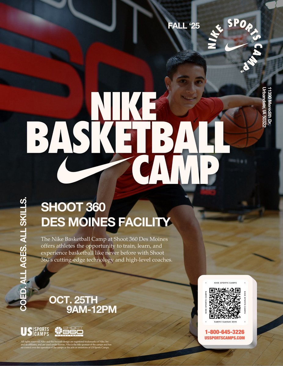 Shoot360DSM's tweet photo. Don’t forget! 🚨 Nike Basketball Camp is coming to Shoot 360 Des Moines! 🏀

📅 Saturday, October 25th | 9AM–12PM  👟 Co-Ed | Ages 8–14 
This one-day camp is powered by our partnership with @NikeSportsCamp 

https://t.co/S9Bo2jl2wj) https://t.co/q3HGH94uku