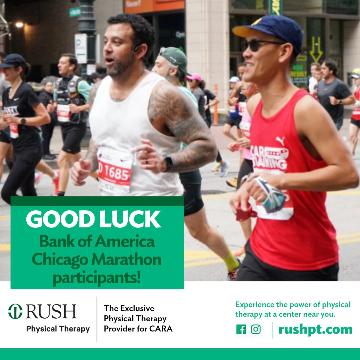 Good luck to everyone running the Chicago Marathon this weekend! The RUSH Physical Therapy team will be at PUMA's Marathon VIP Experience. Have aches or pains to address before or want to take advantage of recovery services? Contact injuryhotline@rushpt.com and stay race ready.