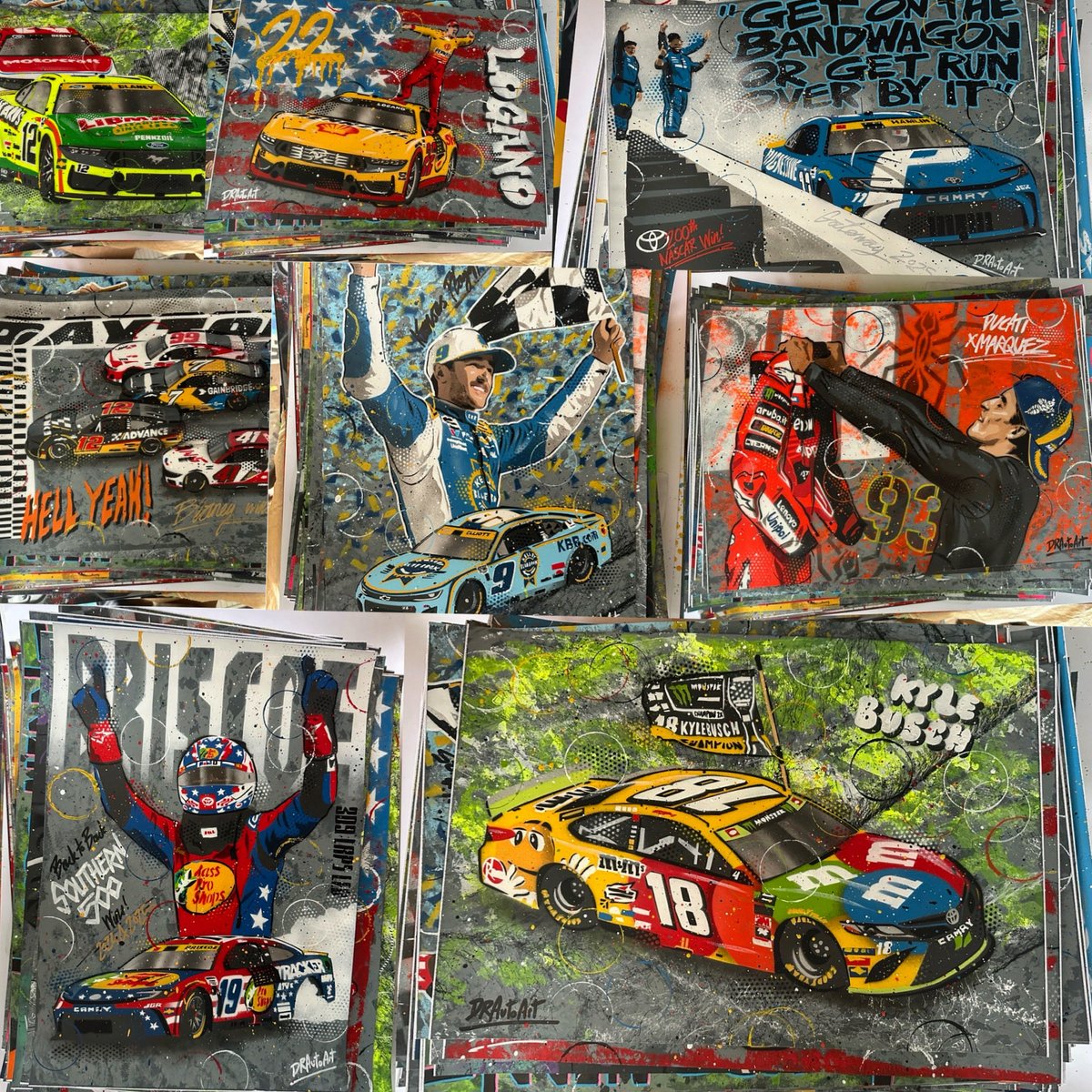 DRAutoart's tweet photo. Packing day. Will be dropping this lovely lot at the post office tomorrow morning. Thanks for all the orders. These will look amazing on your walls 🤩 #drautoart
.
#graffitiart #nascar #nascarart #nascart #motogp #motorsport #motorsportart #motorsportartist https://t.co/HLRM7UewZ1