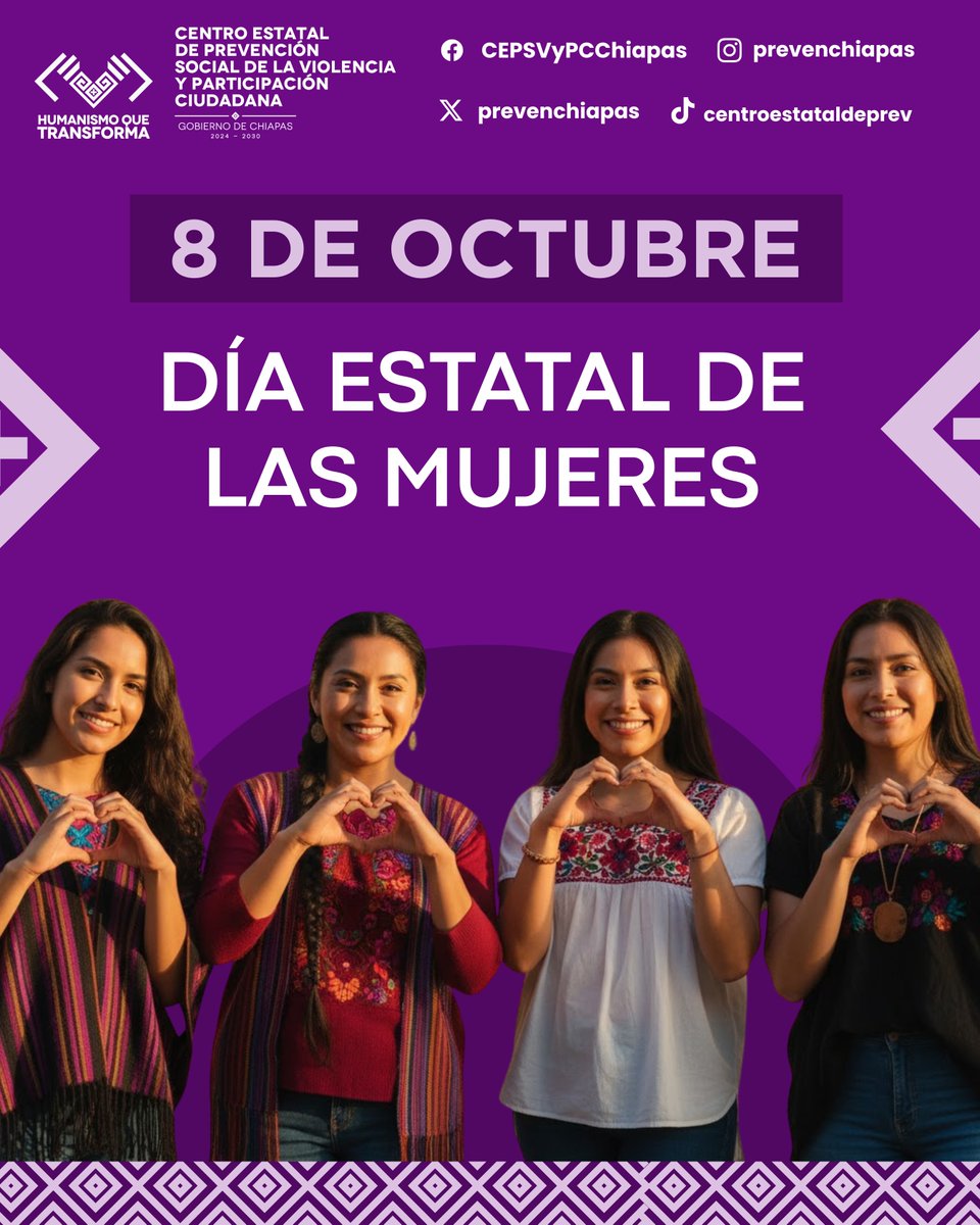 ¡Celebremos la Grandeza y Diversidad de las Mujeres Chiapanecas.
Cada 8 del mes celebramos el Día Estatal de las Mujeres reconociendo la invaluable diversidad que enriquece a Chiapas.
​Su legado cultural, su compromiso diario y su lucha incansable son el motor de nuestro estado.