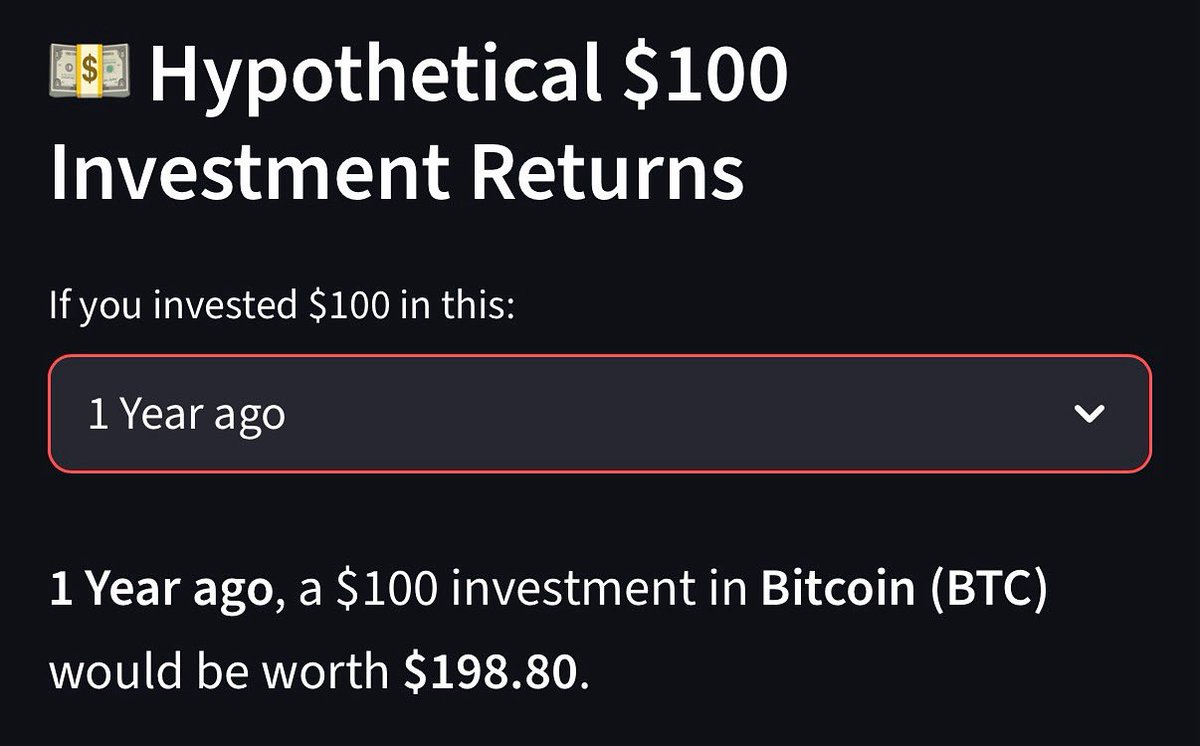 Ever wonder how much your crypto could’ve grown?

Select any coin and timeframe — see what a $100 investment would be worth today.

This tool lets you compare returns across assets over 1 month, 6 months, or 1 year.

It’s a simple way to visualize growth and understand long-term.