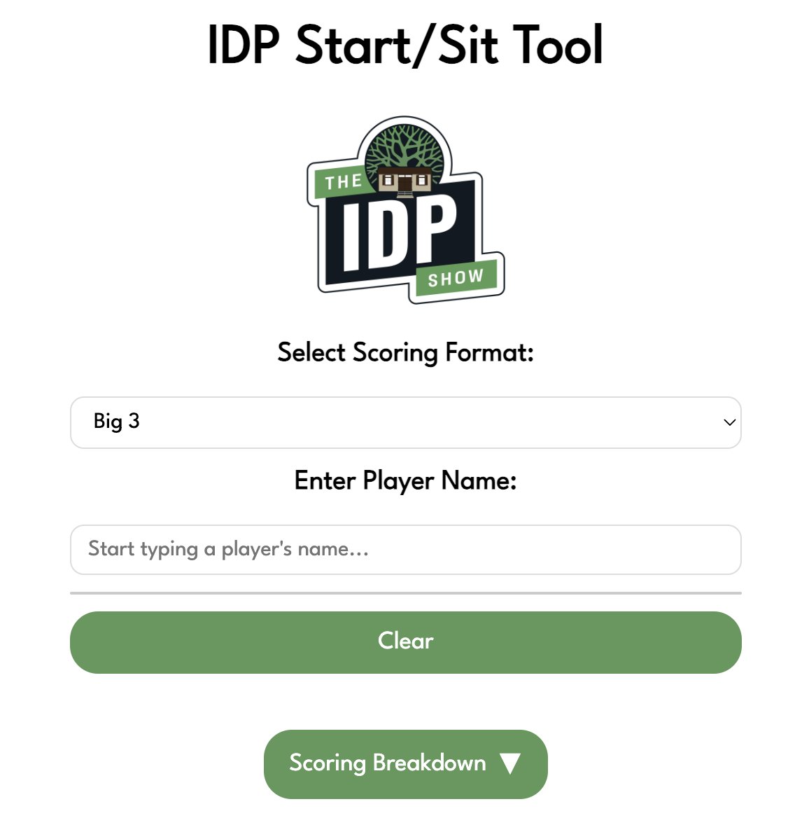 We've made some updates to our start/sit tool! In addition to Big 3, <a href="/Footballguys/">Footballguys Fantasy Football</a>, <a href="/FantasyPros/">FantasyPros</a>, and D-UP (<a href="/fastdraftapp/">FastDraft Fantasy</a>), we now support scoring from:

▶️ <a href="/espn/">ESPN</a> 
▶️ <a href="/SleeperHQ/">Sleeper</a> 

Completely free: idpstartsit.com

Paid supporters can create customized projections!