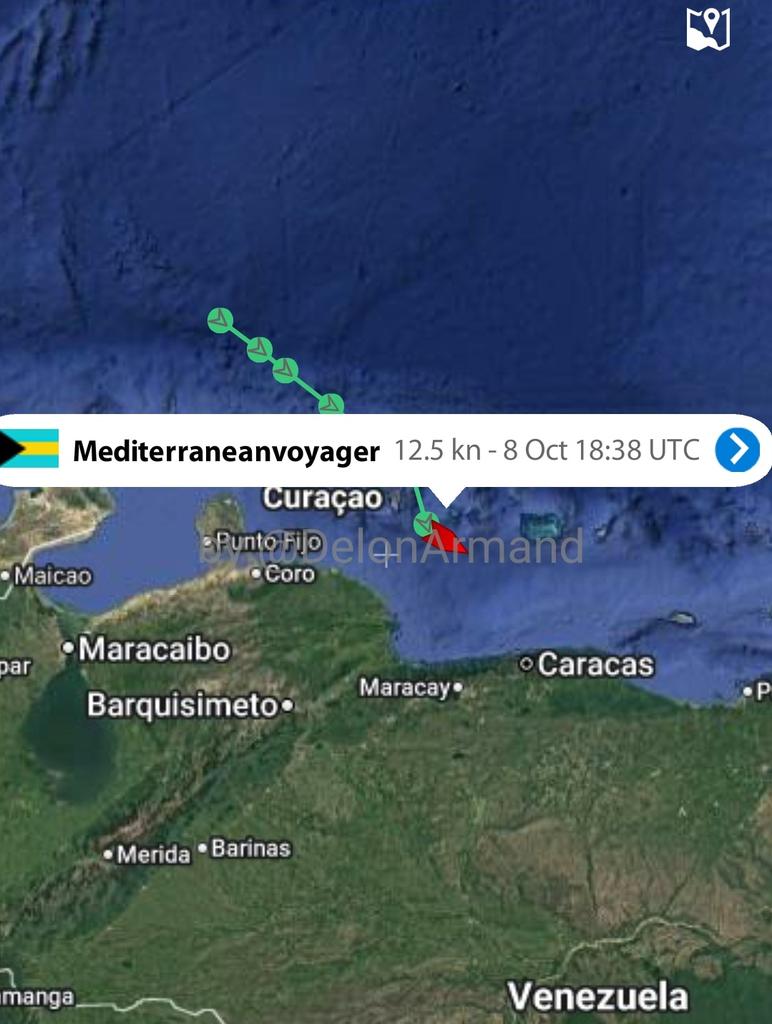 DelonArmand's tweet photo. Venezuela, Chevron #tankers 

- MEDITERRANEAN VOYAGER en ruta al terminal Jose.

Mientras helicópteros y buques de guerra de Francia y USA patrullan aguas al oriente del país, Chevron "sin mucho aspaviento", se lleva el crudo del Cartel de los Soles. 
#Crude #Oil #oilandgas https://t.co/EhhJ91l8ix