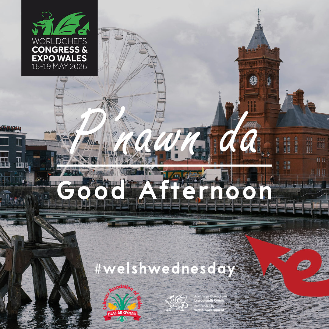 🌞 This week’s Welsh phrase: “P’nawn da” — Good afternoon
Pronounced pu-now-n daah.

So this #WelshWednesday, say it with us: P’nawn da!

🎟️ Save £200 on Early Bird Congress tickets 👉worldchefscongress.org/register/ 

#Cymraeg #LearnWelsh #Worldchefs2026