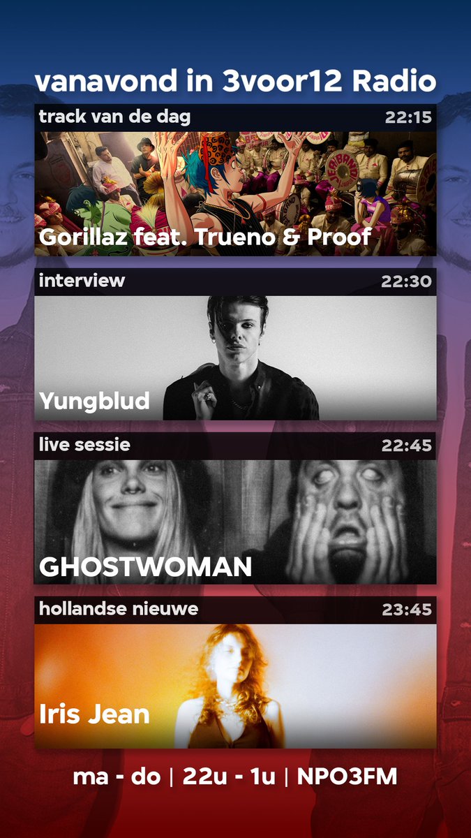 Hallo! Als je zo 3FM aanzet val je binnen bij <a href="/3voor12/">3voor12</a> Radio vanaf 22u! Vol nieuwe muziek. 

En dat gaat van de nieuwe <a href="/gorillaz/">gorillaz</a>, een interview met <a href="/yungblud/">YUNGBLUD</a> tot live muziek van <a href="/ggghostwoman/">GHOSTWOMAN</a>, tot de nieuwe Iris Jean en na 00u een uur indie disco! 

Ontdek je mee? Tune in!
