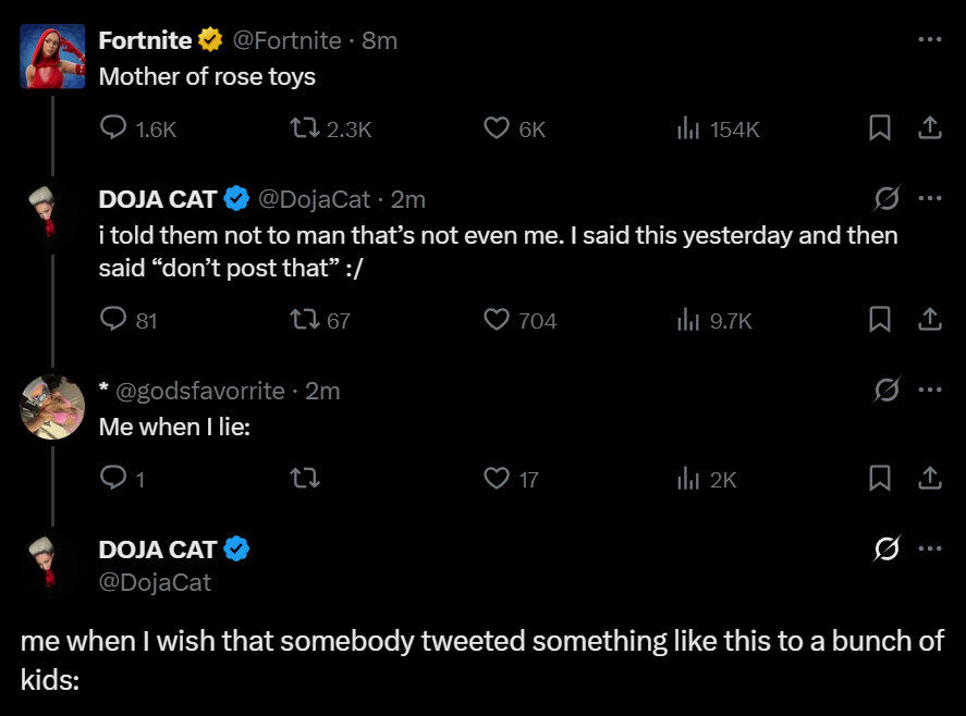 Fortnite has just deleted their “Mother of Rose Toys” tweet after receiving  well deserved backlash. Some of Doja Cat's comments have also been removed  (Video provided) #Fortnite