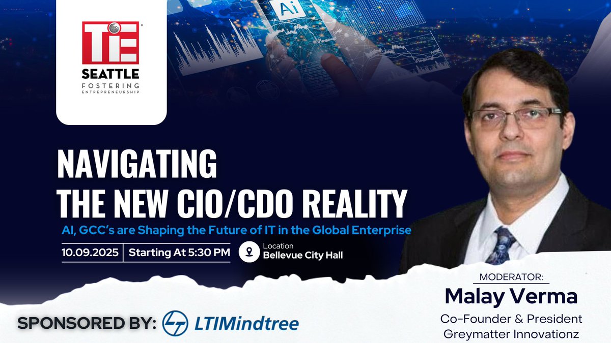 ⏰ 1 day to go!
Join us for Navigating the New CIO/CDO Reality: AI &amp; GCCs Shaping the Future of IT — Oct 9, 5:30 PM, Bellevue.
Led by Malay Verma, Program Chair &amp; Moderator.
Be part of the conversation shaping enterprise IT!

🔗 events.tie.org/NavigatingtheN…

#CIO #AI