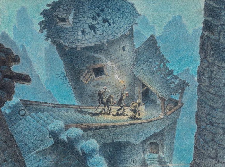 “The debaucherous henchmen of The Horned King make their way through the labyrinthine walkways of the castle”

Disney’s “The Black Cauldron” Concept Art (1985)