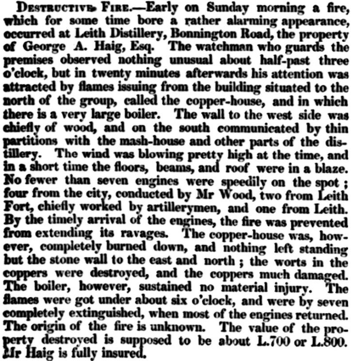#OnThisDay
8th October 1848
A fire breaks out at Leith Distillery, the property of George A. Haig Esq. 
Also referred to as Bonnington, the site was founded in 1798 by Balenie &amp; Kemp before being licensed for a Coffey still in 1835 by Haig &amp; co. 
#WhiskyHistory