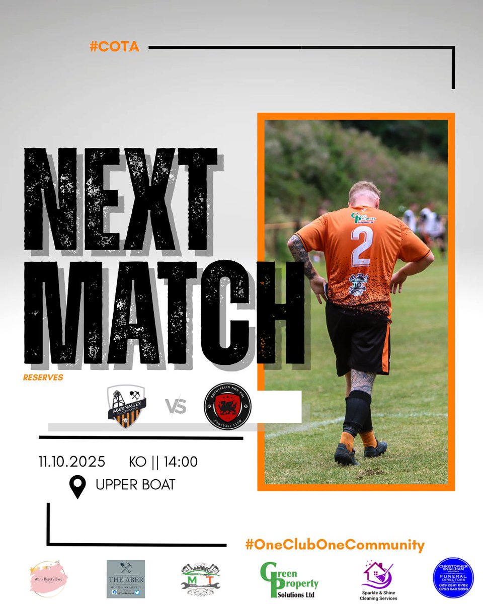 This weekend's fixtures ⚫️🟠

Firsts - (H)
⏰ 14:30
📍 <a href="/ClwbCymric/">Clwb Cymric</a> - Aber Park 

Reserves - (A)
⏰ 14:00
📍 @RhydfelinNonPol - Upper Boat 

#COTA #OneClubOneCommunity