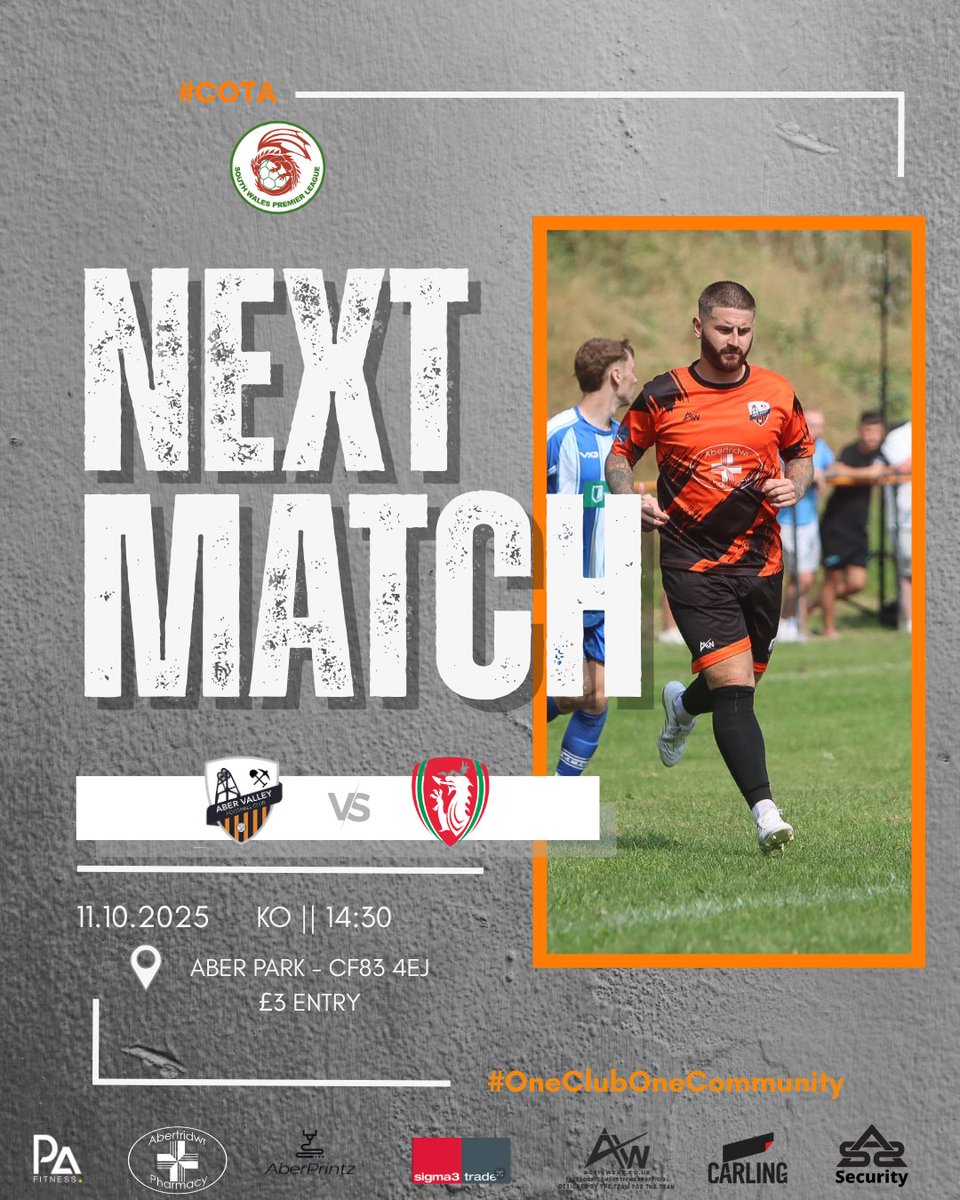 aber_valley_fc's tweet photo. This weekend's fixtures ⚫️🟠

Firsts - (H)
⏰ 14:30
📍 @ClwbCymric - Aber Park 

Reserves - (A)
⏰ 14:00
📍 @RhydfelinNonPol - Upper Boat 

#COTA #OneClubOneCommunity https://t.co/o6ZOOwhIac