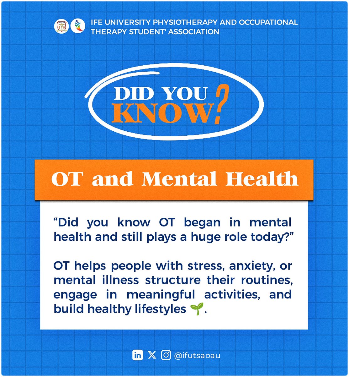 NorseKid's tweet photo. Did you know OT has its roots in mental health?
From helping people manage stress and anxiety to rebuilding purpose through meaningful routines OT continues to be a pillar of mental wellness.
Great things are coming!💡
#WorldOccupationalTherapyDay2025
#OTinAction
#IfutsaOAU https://t.co/hq2amI5GQh
