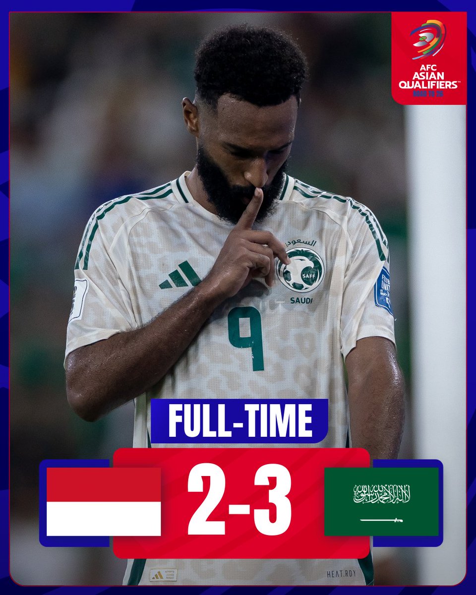 FT | 🇮🇩 Indonesia 2️⃣-3️⃣ Saudi Arabia 🇸🇦

𝗣𝗨𝗥𝗘 𝗗𝗥𝗔𝗠𝗔. The Green Falcons rise towards a hard-fought win! 

#AsianQualifiers | #IDNvKSA