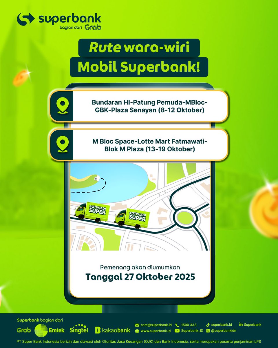 superbankidn's tweet image. Kata, kata apa yang bisa bikin untung? Kata-kata di mobil Superbank! 🥳🤣

Yuk, foto kata-kata di mobil Superbank dan upload ke IGS biar kamu bisa menangin OVO Cash Rp50.000*!

Buruan ikutan sekarang dan jangan sampai mobil supernya dilewatin gitu aja yaaa! 😋

Periode: 
Foto…