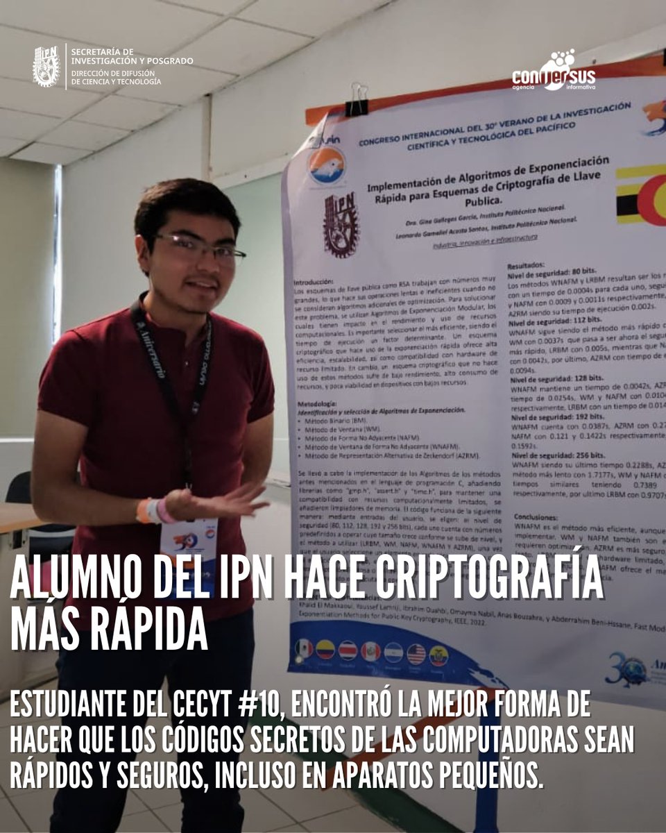 Conversus_IPN's tweet image. 💡 ¡#Innovación!
El @IPN_MX ⚙️protege tus datos!🔐
Leonardo Acosta (@CECyT10_Oficial) creó un método 🔍⚡ llamado WNAFM para que los códigos secretos sean + rápidos, seguros y ahorren energía🔋
¡Tu cel, compu o tablet lo agradecerán! 🙌 #IPN ⚙️ #criptografía #seguridaddigital 🇲🇽