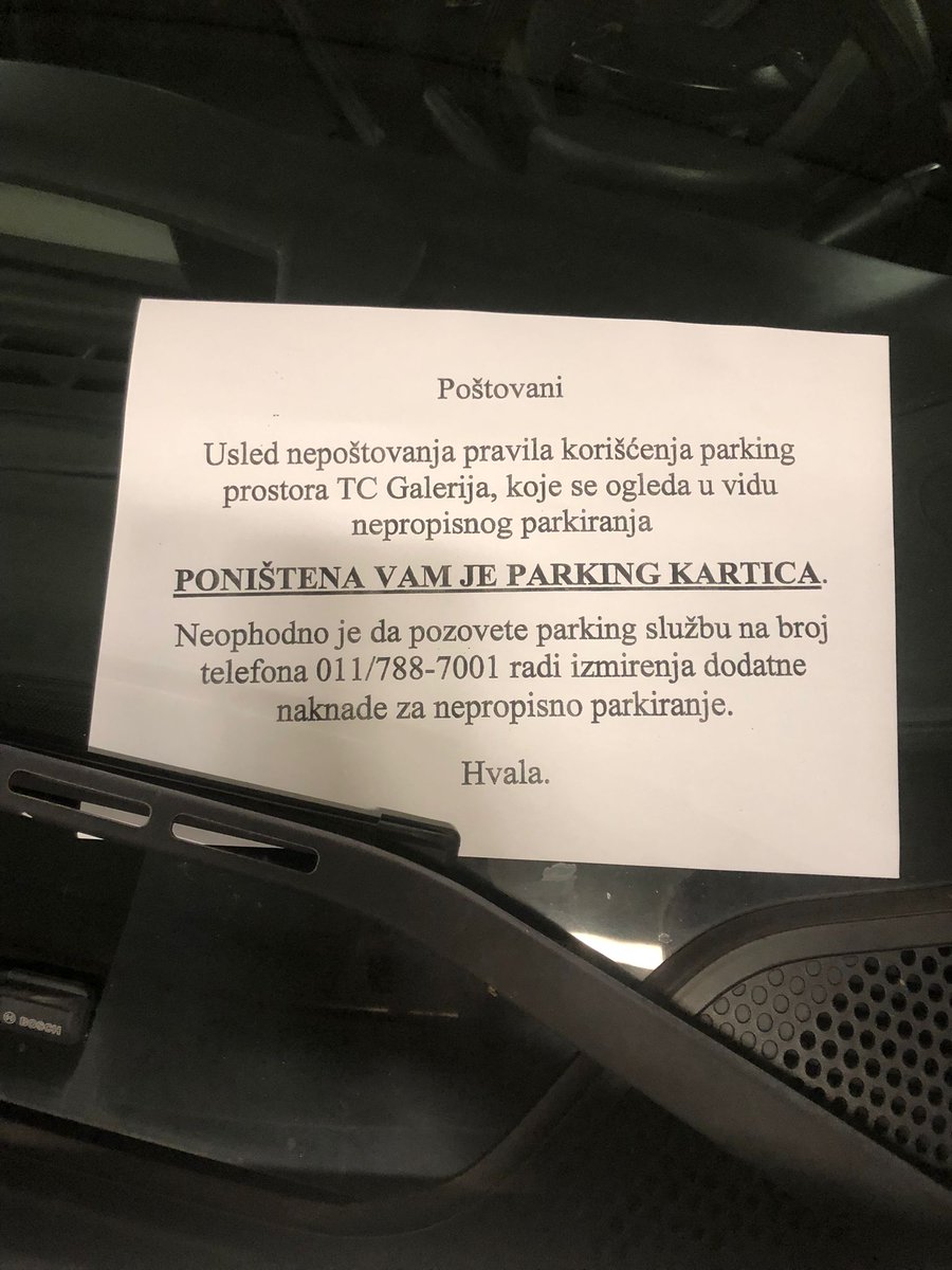 Bravo za TC Galerija!
Zakačeno za sva vozila koja nemaju nalepnicu za osobe sa invaliditetom, a parkirana su na obeležena mesta.