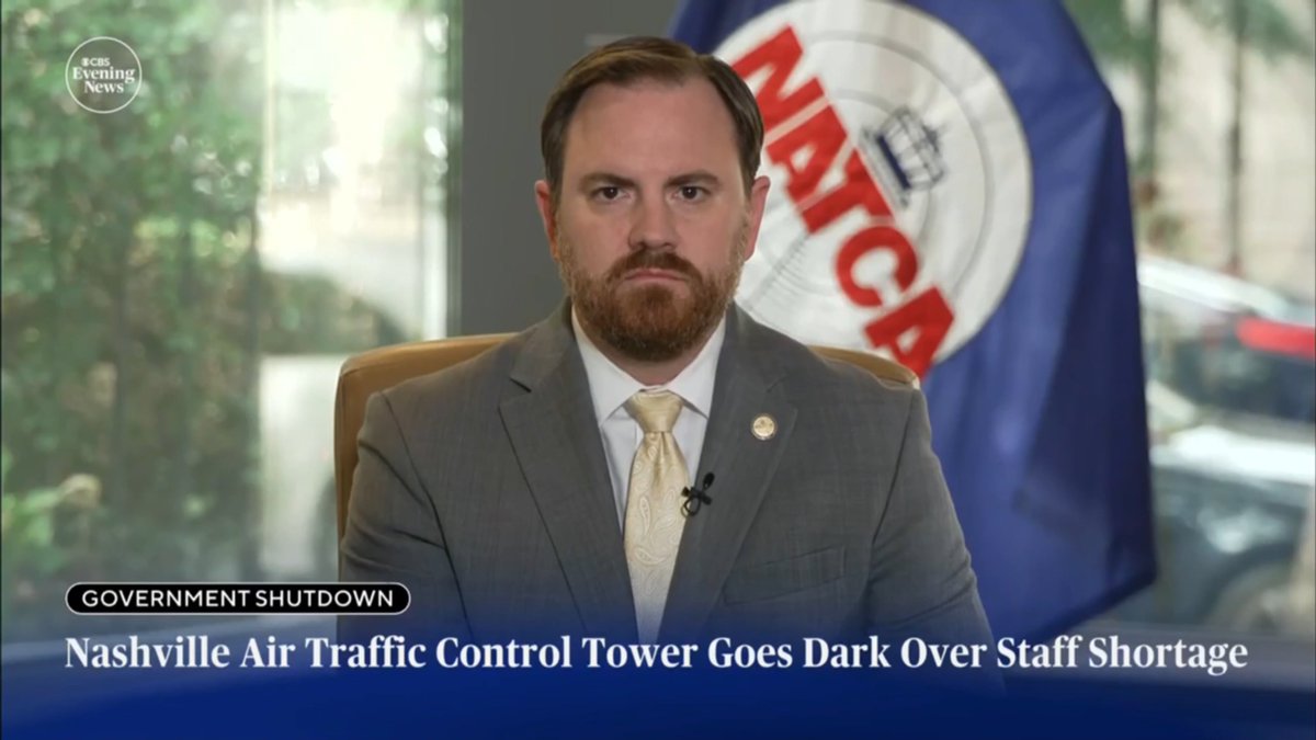 NATCA's tweet photo. NATCA President Nick Daniels appeared on @CBSNews on Oct. 7 with @KrisVanCleave. He talked how an already stressed airspace system is being pushed even further because of the shutdown. Daniels repeated his call for the shutdown to end immediately. https://t.co/kYQH9MlfUw https://t.co/xWFqAcTL8X