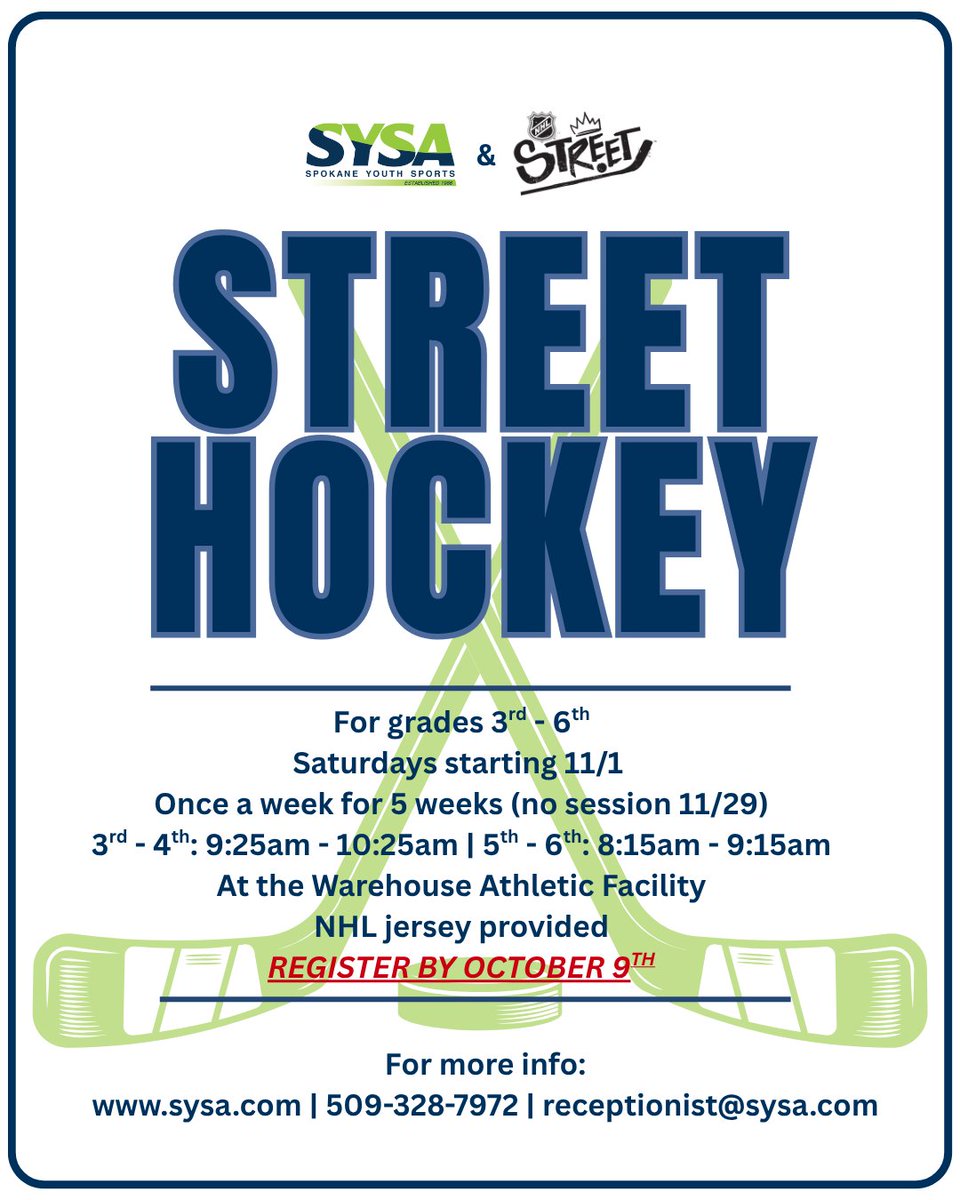 spokanechiefs's tweet photo. π Street Hockey Comes to Spokane! Fast-paced, fun, and perfect for 3rdβ6th graders β no ice skates or experience required!
Letβs bring the energy of NHL Street to our community!
Registration deadline is TOMORROW (October 9th) --> https://t.co/8bQm5FwVo8
#SYSA #play4sysa #playitforward #streethockey #nhlstreet #GoChiefsGo