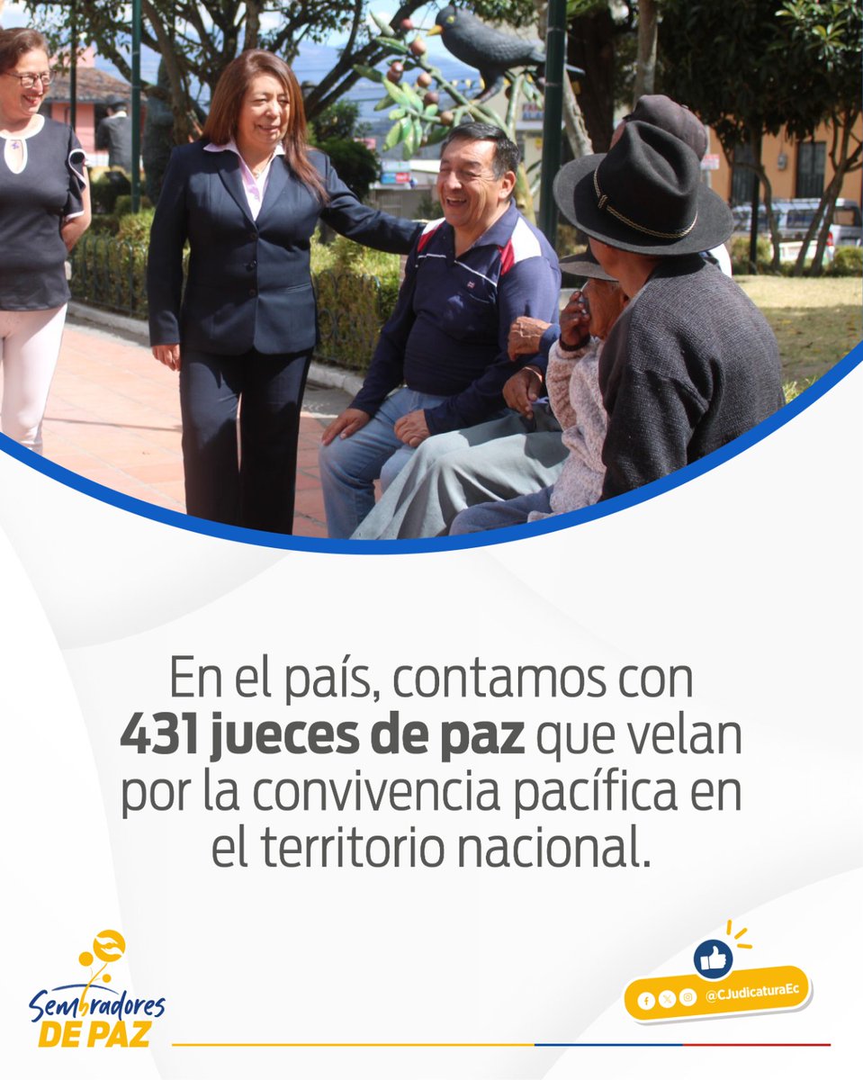 Ecuador cuenta con 431 jueces de paz 👩‍⚖️👨‍⚖️ que trabajan de manera comunitaria para resolver conflictos a través del diálogo.

Cada uno representa la confianza de su comunidad en un sistema que promueve la convivencia pacífica y fortalece la cultura de paz.

#JusticiaResponsable