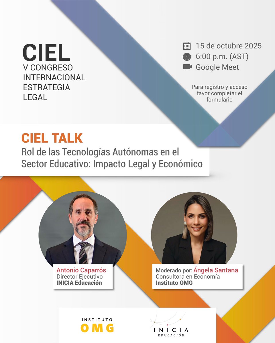 Acompáñanos en nuestro próximo CIEL Talk “Rol de las Tecnologías Autónomas en el  Sector Educativo: Impacto Legal y Económico”, y conoce de cerca las experiencias y desafíos que estas innovaciones plantean en la enseñanza.

💻 forms.gle/YUZV3bXceppYen…

#CIEL #EstrategiaLegal #IOMG