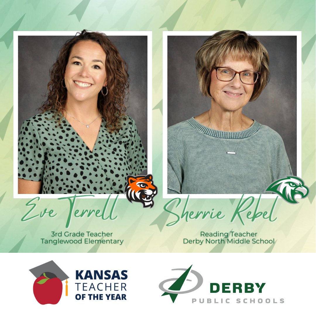 District Leadership visited Eve Terrell, a 3rd Grade Teacher <a href="/twdtigers/">Tanglewood School - Derby Public Schools</a>, and Sherrie Rebel, a Reading Teacher <a href="/DNMSFalcons/">Derby North Middle</a>, with the exciting announcement that they are our district’s nominees for the 2027 Kansas Teacher of the Year! We are #DerbyProud.