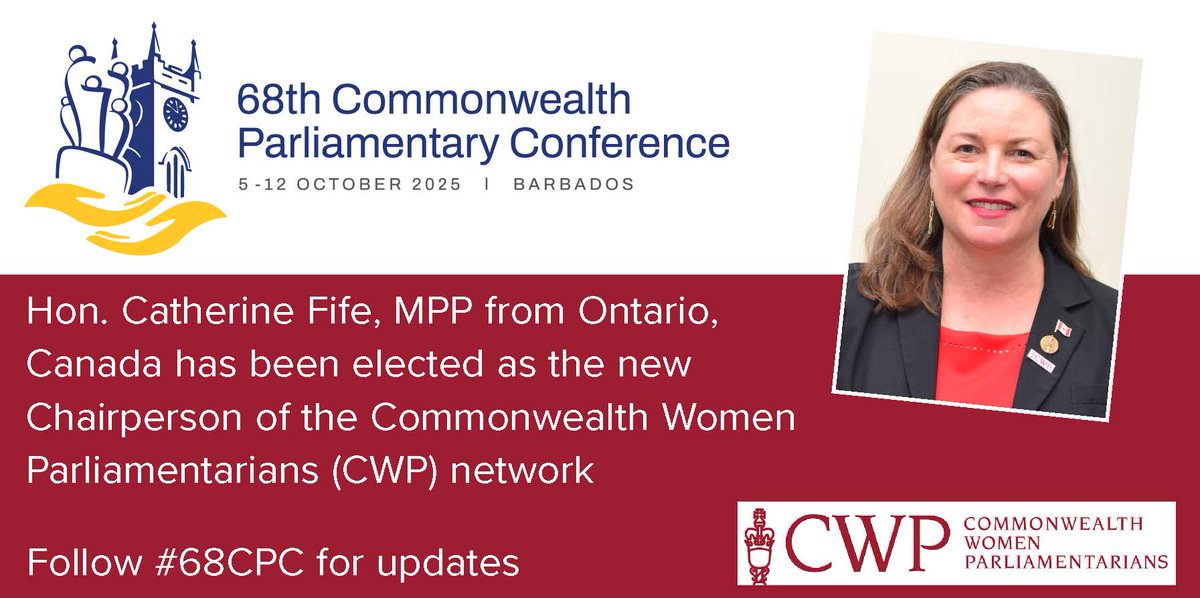 CWP_Int's tweet image. CWP news: New #Commonwealth Women Parliamentarians Chairperson elected from Ontario, Canada at 9th CWP Conference in Barbados 🇧🇧

Hon. Catherine Fife, MPP (CPA Ontario Branch) is the first woman from the CPA Canada Region 🇨🇦 to hold the role

More ⬇️ 
cpahq.org/news/2025_10-6…