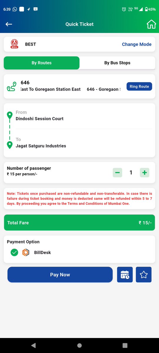 amitg13's tweet image. Downloading and registration for #MumbaiOneApp was smooth... However, for #BEST buses, it is showing incorrect fare eg for route 646 (ring route from and to #Goregoan station, fare is showing Rs 15 instead of Rs 10.. @myBESTBus @MMMOCL_Official @rajtoday