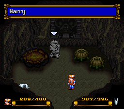 Eltwish's tweet image. Fun fact: in Secret of Evermore, all NPCs have names, which aren't normally visible to the player. Hacking them to be targetable lets us see those names, revealing that Blimp's real name is... Harry?
#SNES #tcrf