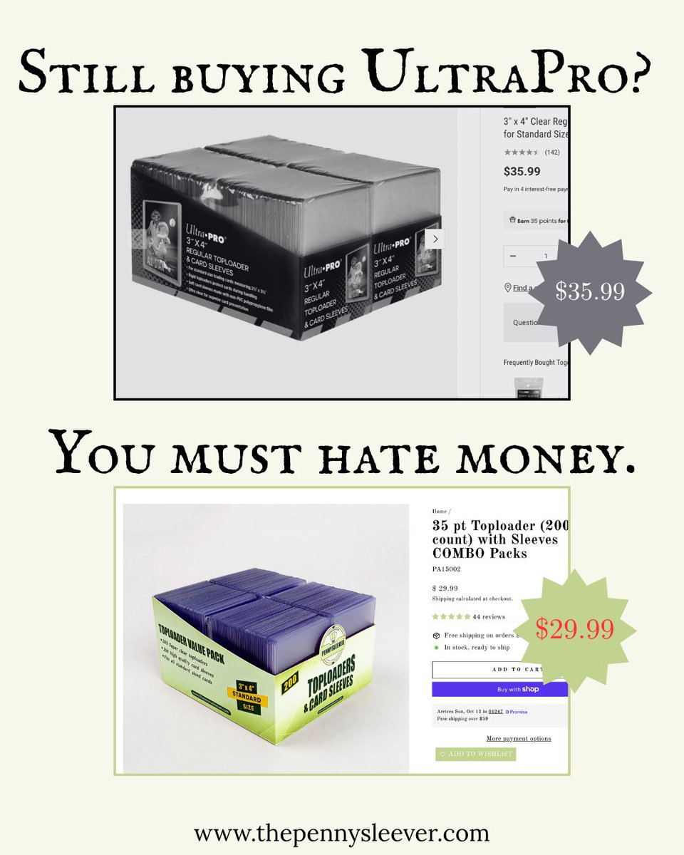 ThePennysleever's tweet image. The Pennysleever combines top quality supplies with second-to-none service. The savings? Just the icing on the cake.

thepennysleever.com

#toploaders #supplies #pokemoncards #sportscards
