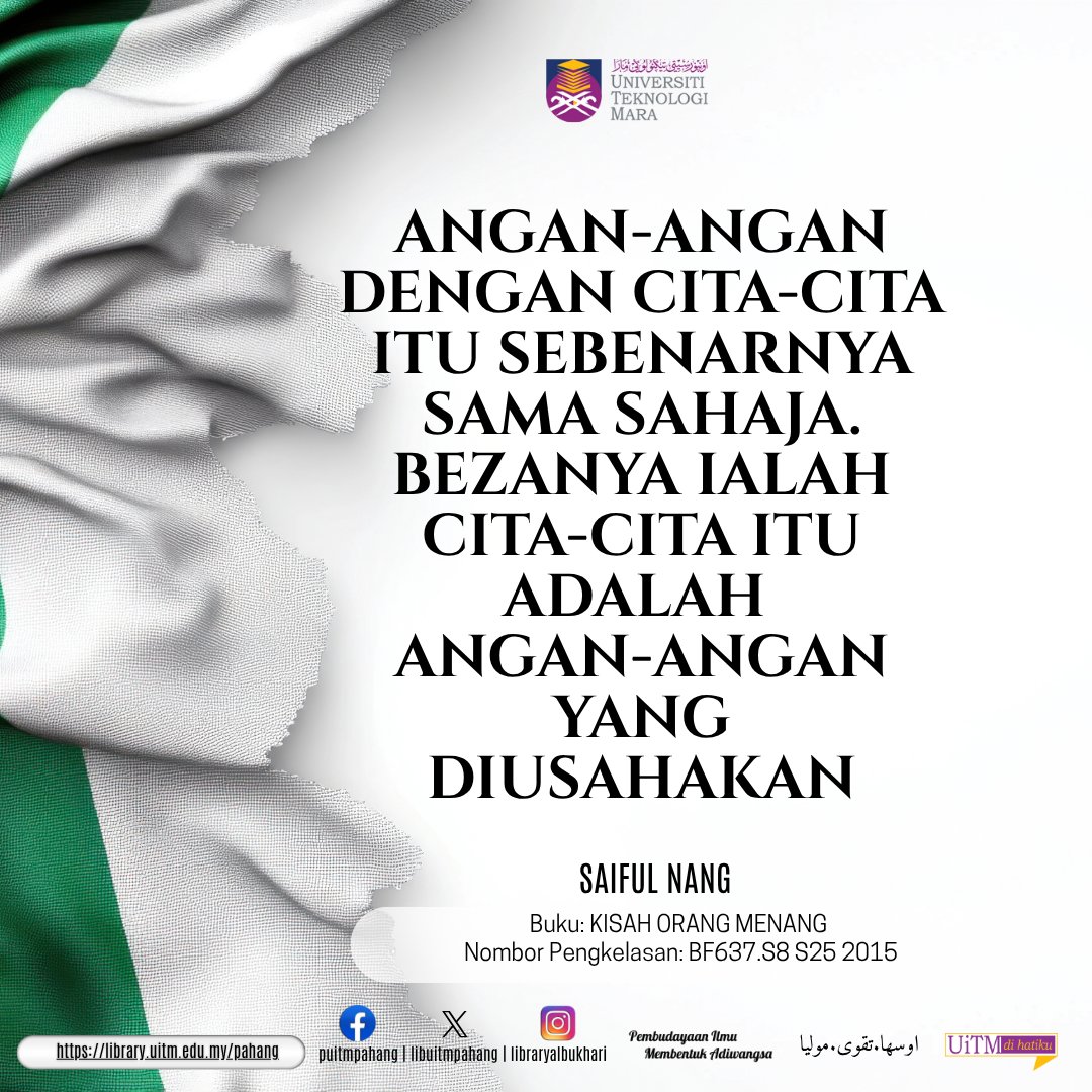 LibUiTMPahang's tweet image. Sila ikuti maklumat terkini dilaman web rasmi kami di
library.uitm.edu.my/pahang
#libphg
#pabmembaca
#libraryforall
#PembudayaanIlmuMembentukAdiwangsa
LIKE & FOLLOW FACEBOOK Perpustakaan Al-Bukhari:
facebook.com/library.uitm.p…