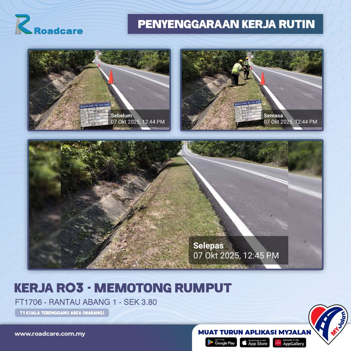 🚧 Kerja Penyenggaraan Rutin R03 - Memotong Rumput.

7 Okt | Kerja senggara R03 di FT1706 Sek. 3.80 di daerah #Marang disenggarakan oleh #teamroadcare bagi keselesaan pengguna Jalan Persekutuan.

#InfoJKR #InfoKKR

<a href="/moworksmy/">Kementerian Kerja Raya Malaysia</a> <a href="/CSFJ_JKR/">Cawangan Senggara Fasiliti Jalan (CSFJ)</a> @jkrmarang <a href="/JKRTerengganu/">JKR Terengganu</a> <a href="/Roadcare_HQ/">ROADCARE (M) SDN BHD</a>

📷;
