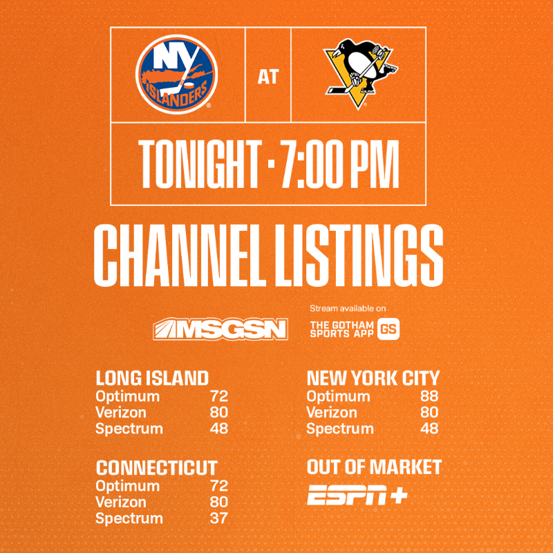 NYIslanders's tweet photo. Hockey starts tonight in Pittsburgh!

⏰ 7:00PM
📺 MSGSN | @IslesMSGN | @MSGNetworks
💻 Gotham Sports App 
📻 88.7FM | 103.9FM 
📰 Game Preview ⬇️