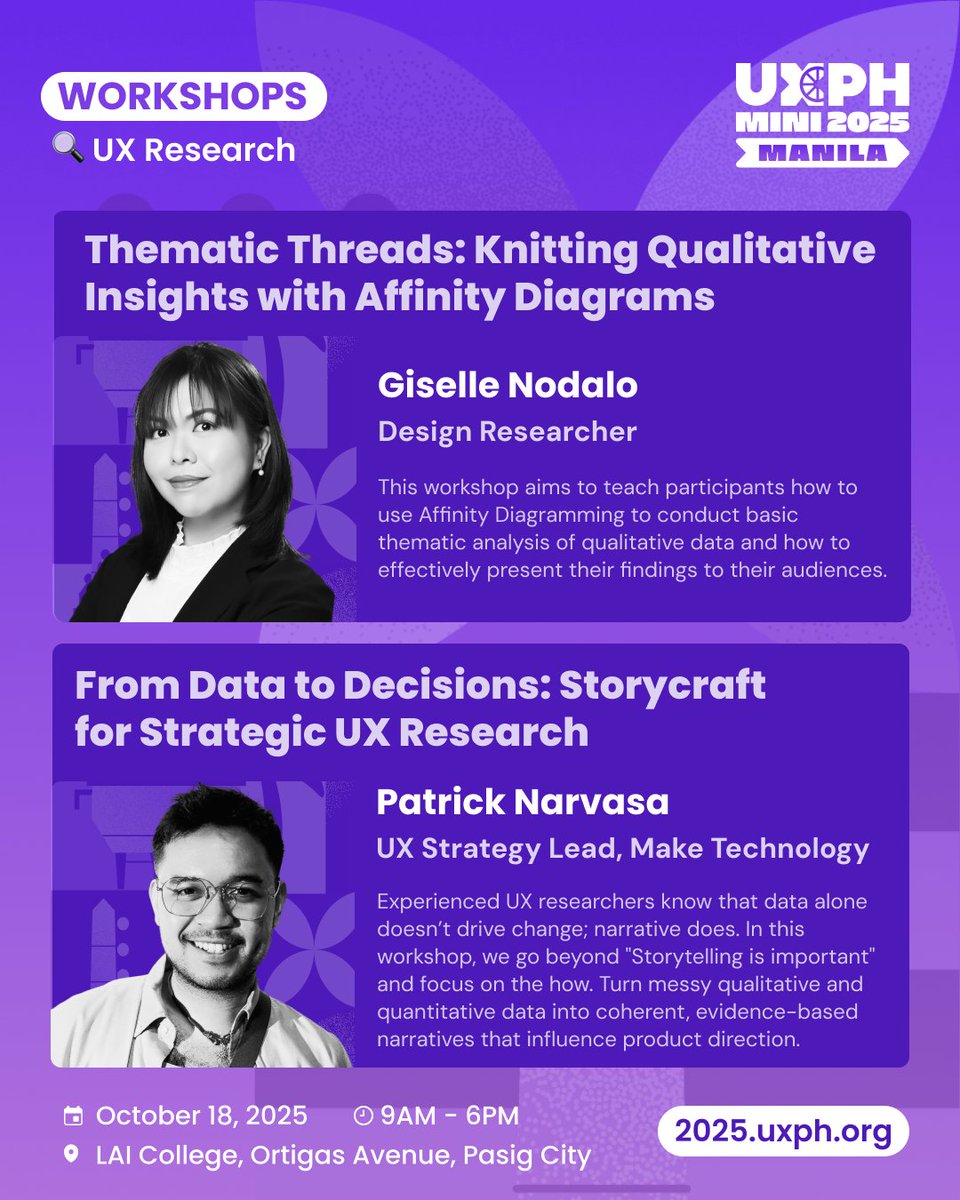 uxphofficial's tweet photo. 🧩 Turn insights into impact with UX research that tells a story! Join us at UXPH Mini 2025: Manila for two hands-on workshops designed to sharpen your research synthesis and storytelling skills.
🎟 Get tickets: https://t.co/7w3HwYs2b6
#UXPHMini2025 #IslandsInMotion https://t.co/2rGEcvfTi4