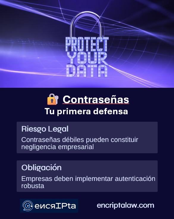 EncriptaLaw's tweet image. Contraseñas débiles = negligencia. Las empresas deben usar autenticación robusta. En caso de brecha, las autoridades evaluarán si tus medidas son razonables: +12 caracteres, autenticación multifactor, políticas documentadas ¿Tu empresa cumple?
#Ciberseguridad #Compliance #InfoSec
