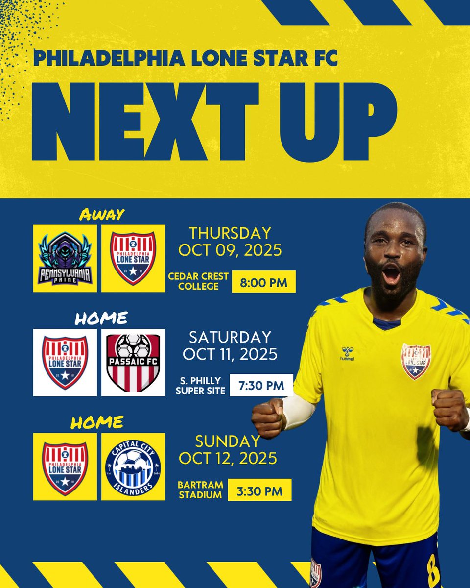 PhillyLoneStar's tweet image. 3 games. 4 days. 1 mission. 🌟

✅ Win 1 = Playoffs
👑 Win all 3 = Regular Season Champs

🚌 Thurs: @ PA Prime (Allentown)
🏠 Sat: vs #2 Passaic FC
🏠 Sun: vs #4 Capital City Islanders

Let’s finish strong! 💪🏾

#LetsGoStars #FinalPush #WeekendGoals