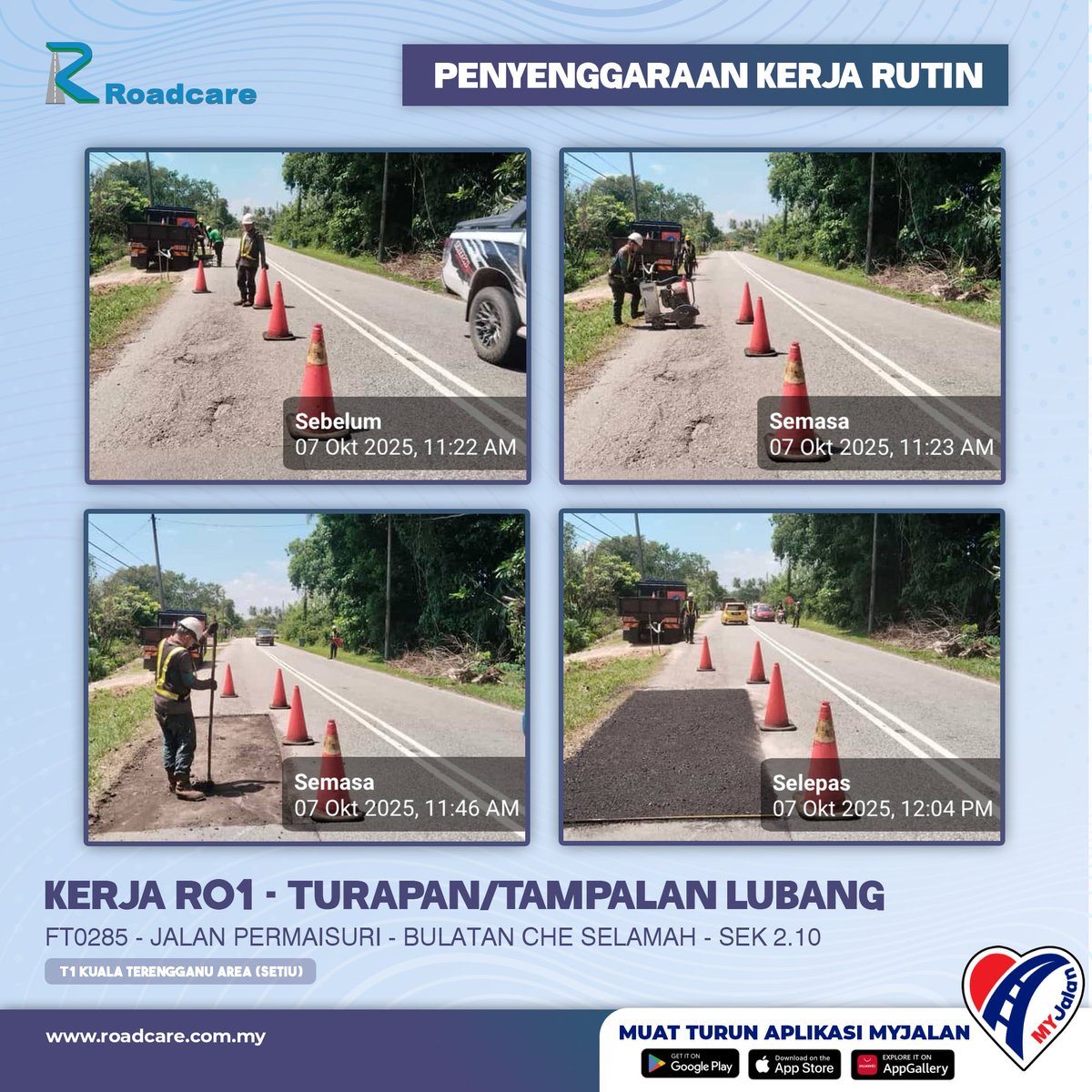 🚧 Kerja Penyenggaraan Rutin R01 - Turapan/Tampalan Lubang.

7 Okt | Kerja R01 di FT0285 Sek. 2.10 di daerah #Setiu disenggarakan oleh #teamroadcare bagi keselamatan pengguna Jalan Persekutuan.

#InfoJKR #InfoKKR

<a href="/CSFJ_JKR/">Cawangan Senggara Fasiliti Jalan (CSFJ)</a> <a href="/JKRSetiu/">Jabatan Kerja Raya Setiu</a> <a href="/Roadcare_HQ/">ROADCARE (M) SDN BHD</a> 
<a href="/moworksmy/">Kementerian Kerja Raya Malaysia</a> 

📷;