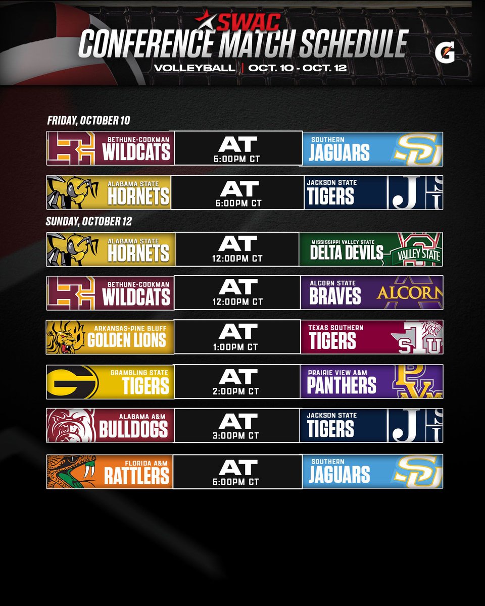 theswac's tweet image. Here&apos;s the SWAC Volleyball upcoming conference match schedule ➡️ 🏐 

@gatorade

#SWACVB