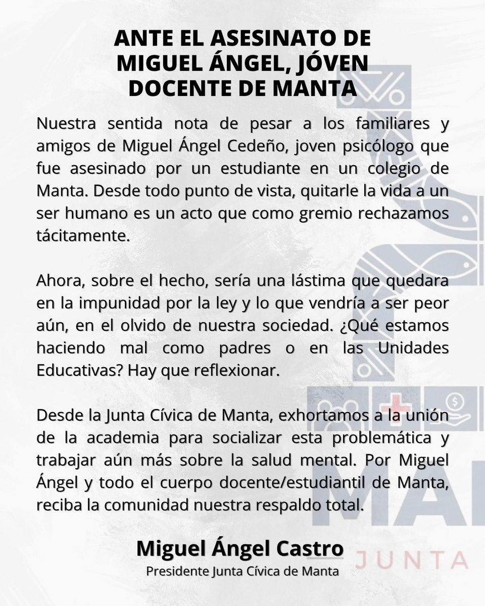 Ante el asesinato de Miguel Ángel, joven docente de Manta:
