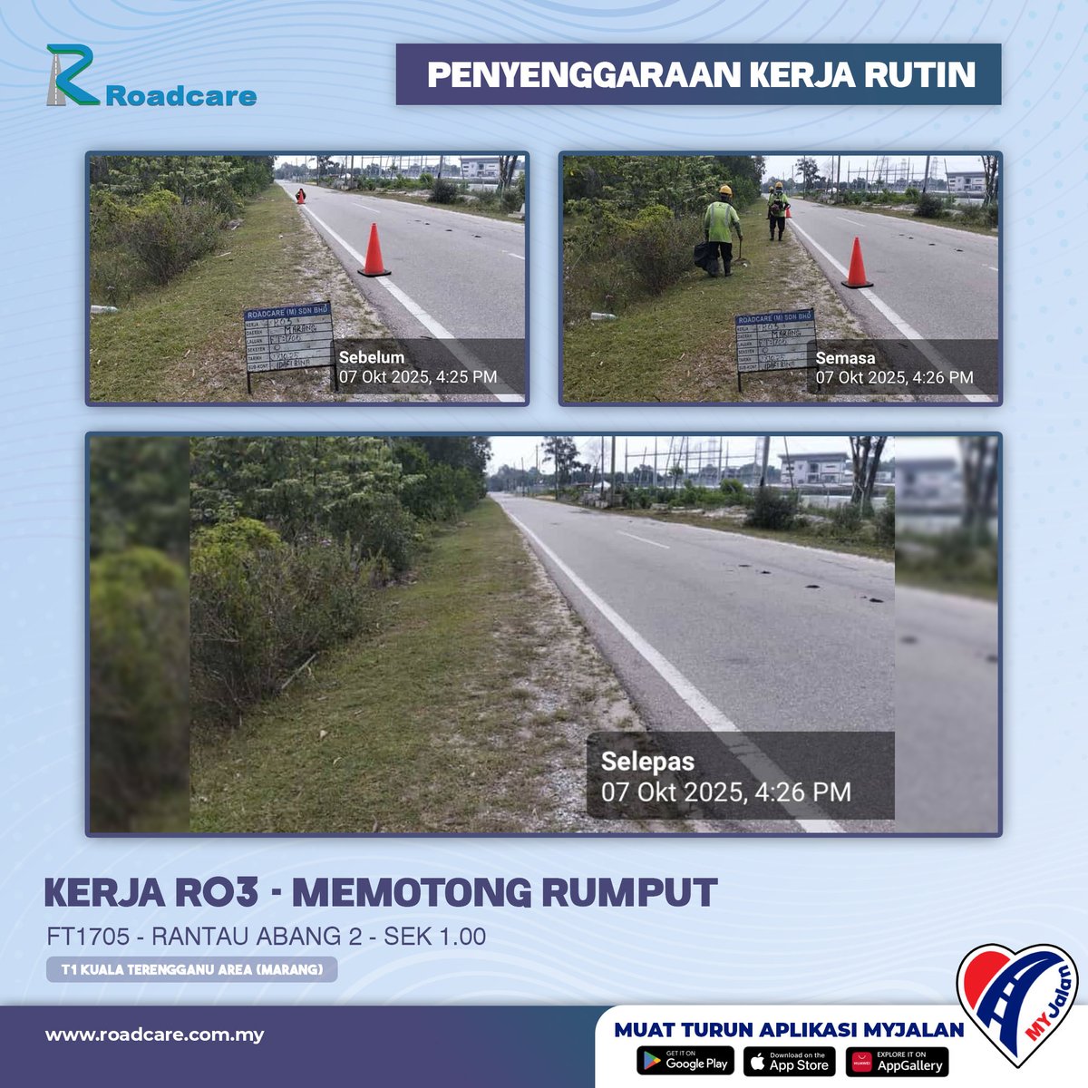 🚧 Kerja Penyenggaraan Rutin R03 - Memotong Rumput.

7 Okt | Kerja senggara R03 di FT1705 Sek. 1.00 di daerah #Marang disenggarakan oleh #teamroadcare bagi keselesaan pengguna Jalan Persekutuan.

#InfoJKR #InfoKKR

<a href="/moworksmy/">Kementerian Kerja Raya Malaysia</a> <a href="/CSFJ_JKR/">Cawangan Senggara Fasiliti Jalan (CSFJ)</a> @jkrmarang <a href="/JKRTerengganu/">JKR Terengganu</a> <a href="/Roadcare_HQ/">ROADCARE (M) SDN BHD</a>

📷;