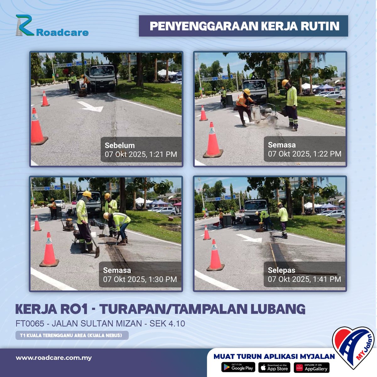 🚧 Kerja Penyenggaraan Rutin R01 - Turapan/Tampalan Lubang. 

7 Okt | Kerja R01 di FT0065 Sek. 4.10 di daerah #KualaNerus disenggarakan oleh #teamroadcare bagi keselamatan pengguna Jalan Persekutuan. 

#InfoJKR #InfoKKR

<a href="/moworksmy/">Kementerian Kerja Raya Malaysia</a> <a href="/CSFJ_JKR/">Cawangan Senggara Fasiliti Jalan (CSFJ)</a> <a href="/KualaNerusJKR/">JKR KUALA NERUS</a> <a href="/Roadcare_HQ/">ROADCARE (M) SDN BHD</a> 

📷;