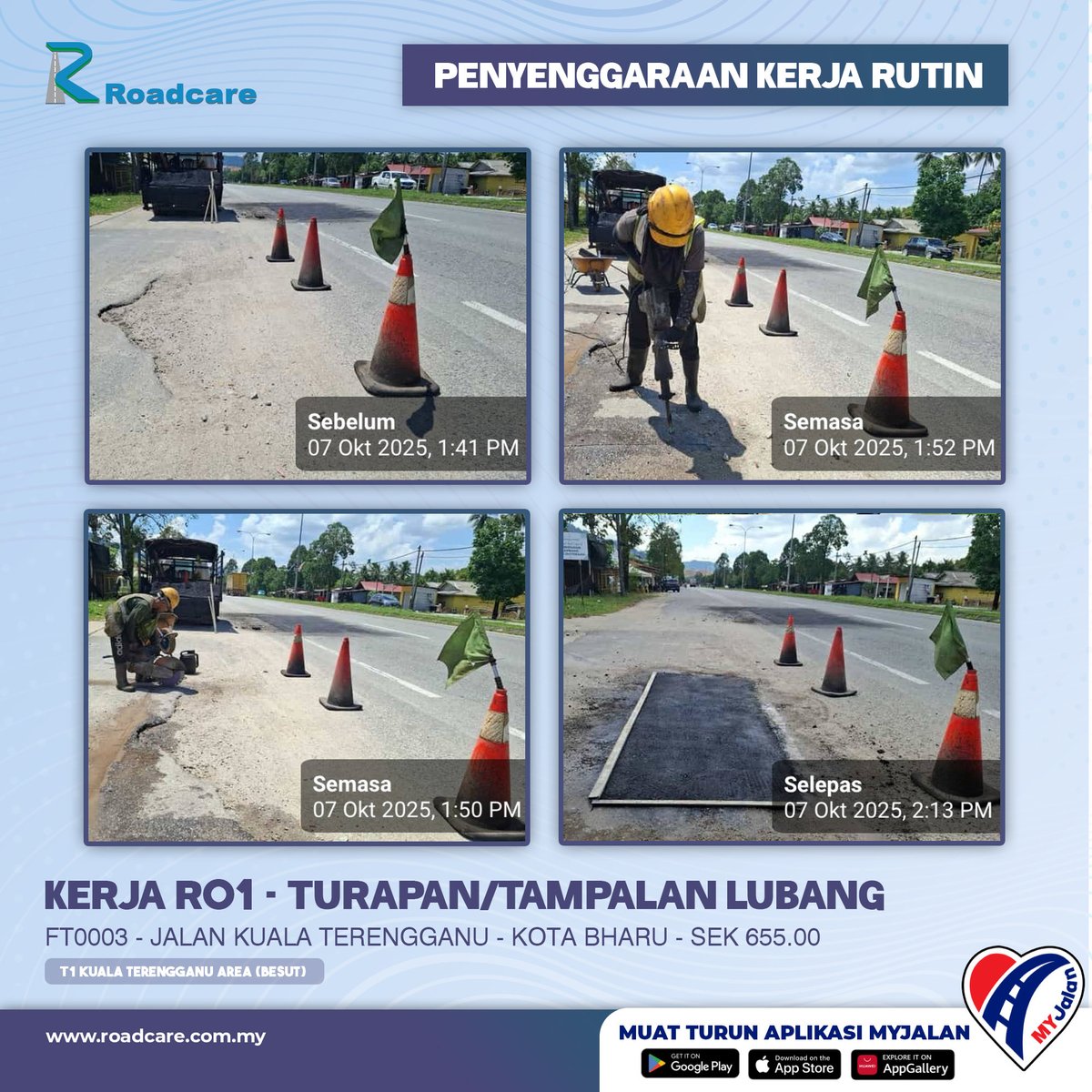 🚧 Kerja Penyenggaraan Rutin R01 - Turapan/Tampalan Lubang.

7 Okt | Kerja R01 di FT0003 Sek. 655.00 di daerah #Besut disenggarakan oleh #teamroadcare bagi keselamatan pengguna Jalan Persekutuan.

#InfoJKR #InfoKKR

<a href="/moworksmy/">Kementerian Kerja Raya Malaysia</a> <a href="/CSFJ_JKR/">Cawangan Senggara Fasiliti Jalan (CSFJ)</a> <a href="/Jkr_Besut_Jalan/">JKR Besut (Bahagian Jalan)</a> <a href="/Roadcare_HQ/">ROADCARE (M) SDN BHD</a> <a href="/jkrbesut/">JKR BESUT</a>

📷