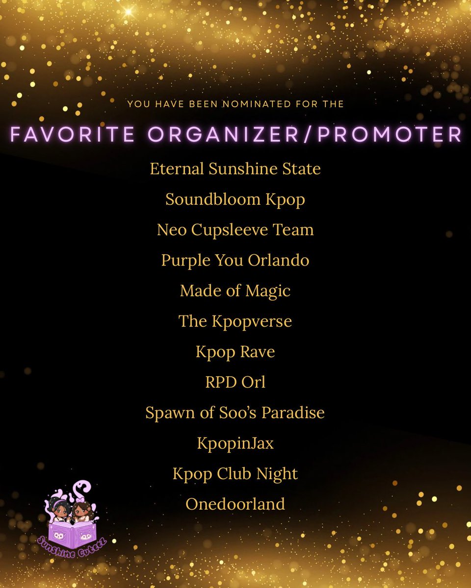 SunshineCuteez's tweet photo. Join us for the 2025 Sunshine Cuteez Awards! The first ever Kpop Florida community award show!

These are the nominees for the Florida Wave Makers category! 

Voting ends November 10th. Link in bio.

GOOD LUCK, SUNSHINES! 💜

#SunshineCuteezAwards2025
#FloridaKpopAwards https://t.co/4TM8E0Qd4x