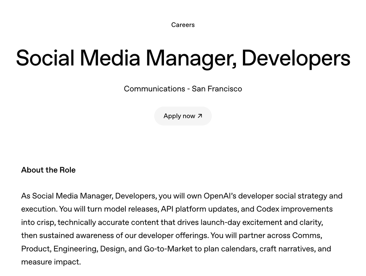 athyuttamre's tweet image. OpenAI is looking for a very online™ person who loves working with developers to run our social media. 

DMs open if this is you!