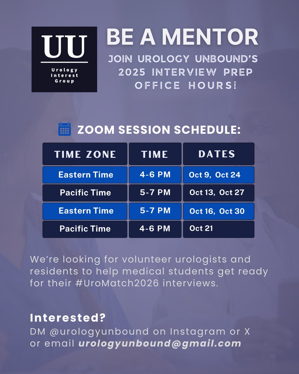 Interview Prep Office Hours are back! 🎯

We’re looking for 4–5 urologists or residents per session to help med students prep for #UroMatch2026 interviews.

Learn more via the link in bio &amp; DM us or email urologyunbound@gmail.com to volunteer!

#MedTwitter #urologycommunity