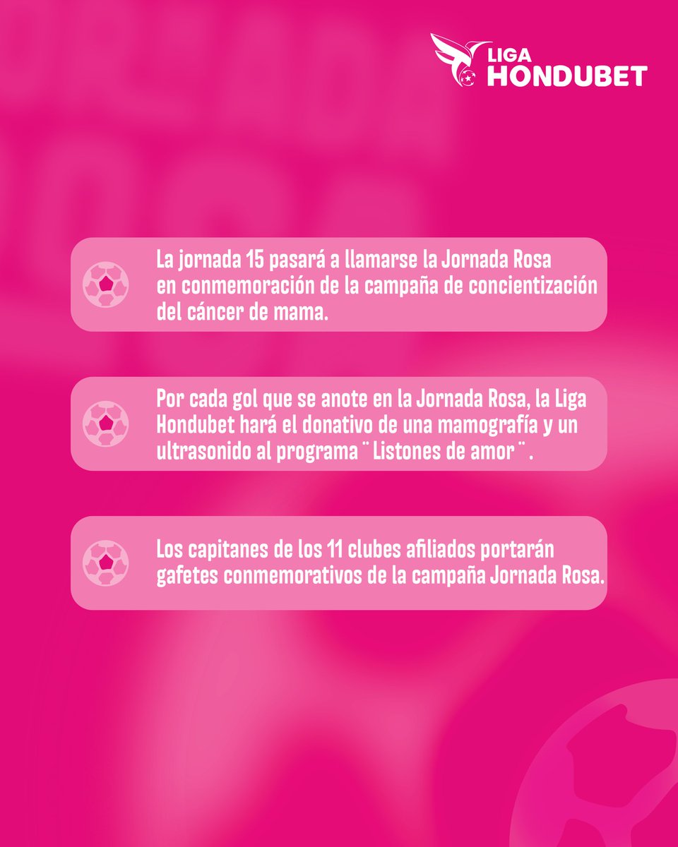 En este mes nos vestimos de Rosa 🎀 con nuestra campaña “Jornada Rosa” el objetivo es crear conciencia sobre el Cáncer de Mama, sus síntomas y la importancia de una detección temprana salva vidas.

#JornadaRosa #LigaHondubet