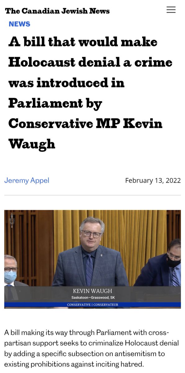 sfscanada's tweet image. This speech law should not exist.

Holocaust denial legislation was first drafted by the Conservative Party during the Trucker Convoy in Feb 2022.

The CPC with this law is the tip of the spear against free speech in Canada.

C-9 is next and uses religion once again as a cover.