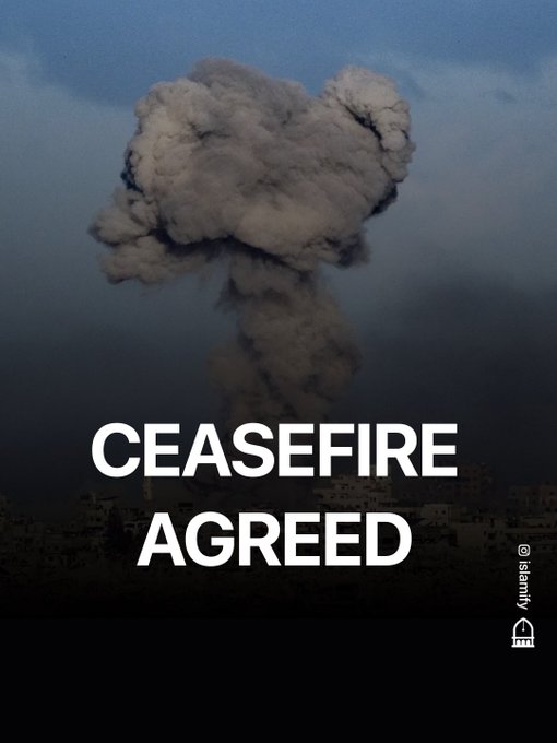 Large white cloud shaped like a mushroom explosion rises against a blue sky with a distant city skyline below featuring buildings and possibly a body of water. Bold black text overlay reads CEASEFIRE AGREED in all caps across the bottom. Dark foreground gradient at the base.