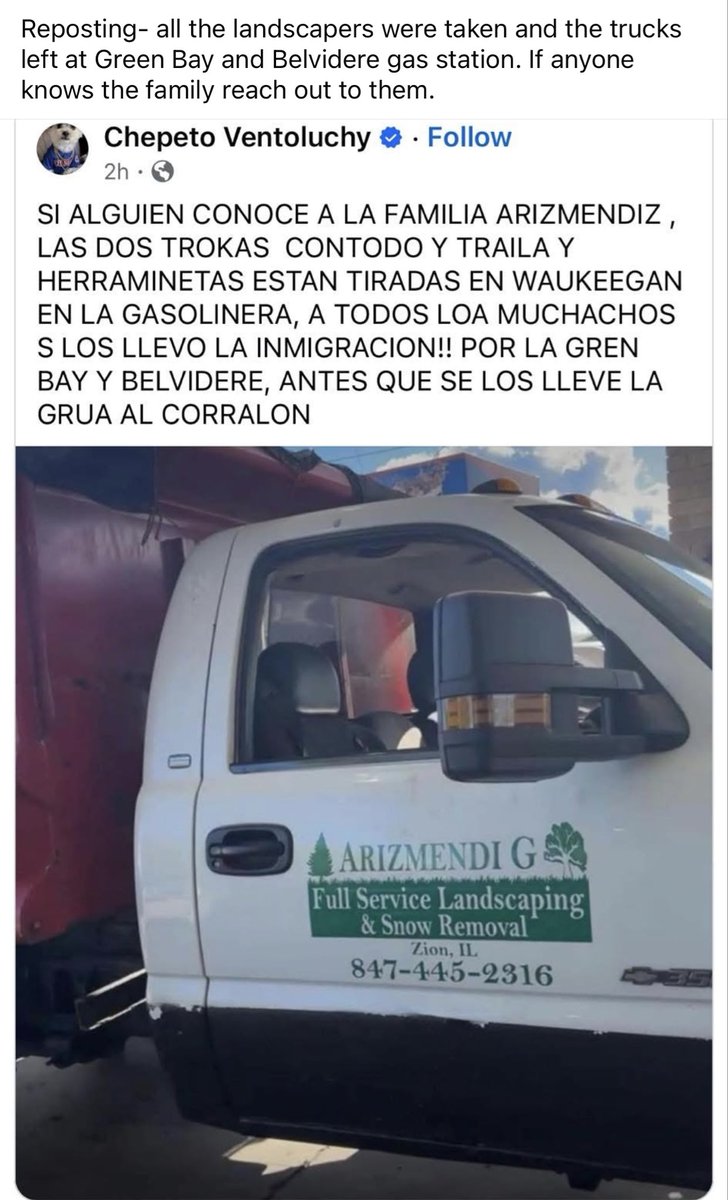 Promolady24's tweet photo. Waukegan IL…the whole crew taking by ICE at a gas station. There trucks left there…this has to STOP. People will stop going to work. #TrumpisaNationalDisgrace #ChicagoICE https://t.co/2UR4LNiRUG