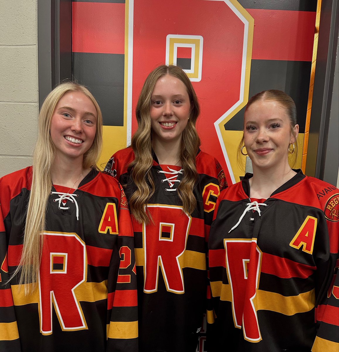 The Regina Rebels leadership group! Captain #20 Anna Benoit, Assistant Captains #24 Darby Marshall and #23 Katelyn Marshall #LeadershipMatters #hockeyregina #rebels