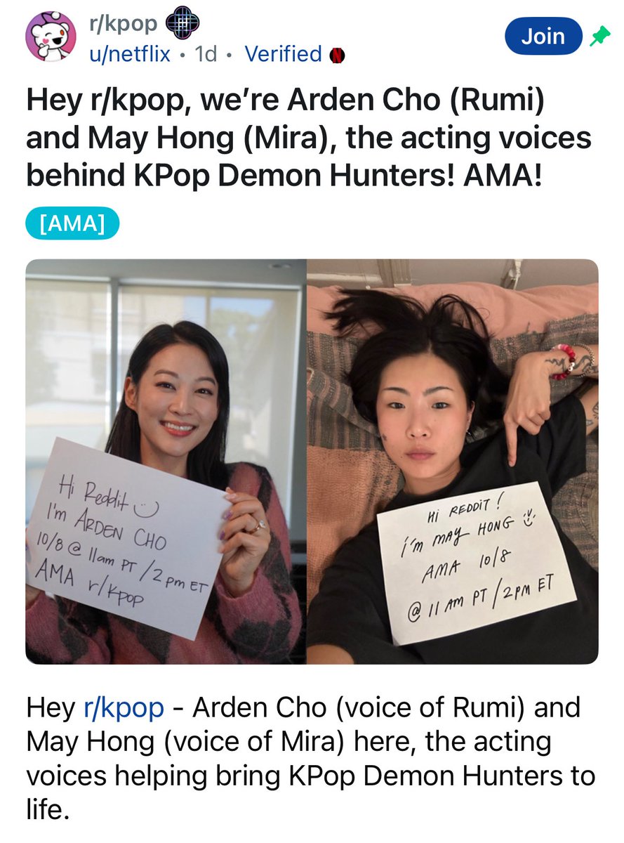🧵 thread of arden cho (rumi) &amp; may hong’s (mira) video answers to their reddit r/kpop AMA! 💜🩷 251008

🔗 reddit.com/r/kpop/s/zyyS9…

#kpopdemonhunters #huntrix #ardencho #rumi #mayhong #mira